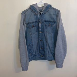 Medium Wash Knit Sleeve Denim Jacket